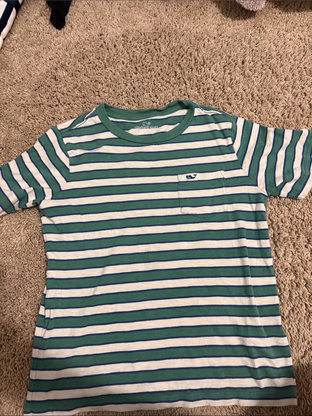 Vineyard Vines Green & White Striped Pocket Tee with Whale Logo